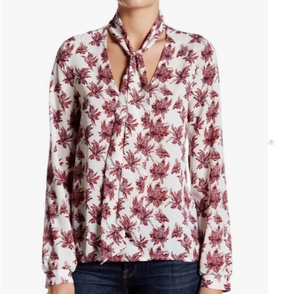 Astr The Label Women's Tie Neck Floral Long Sleeve Blouse